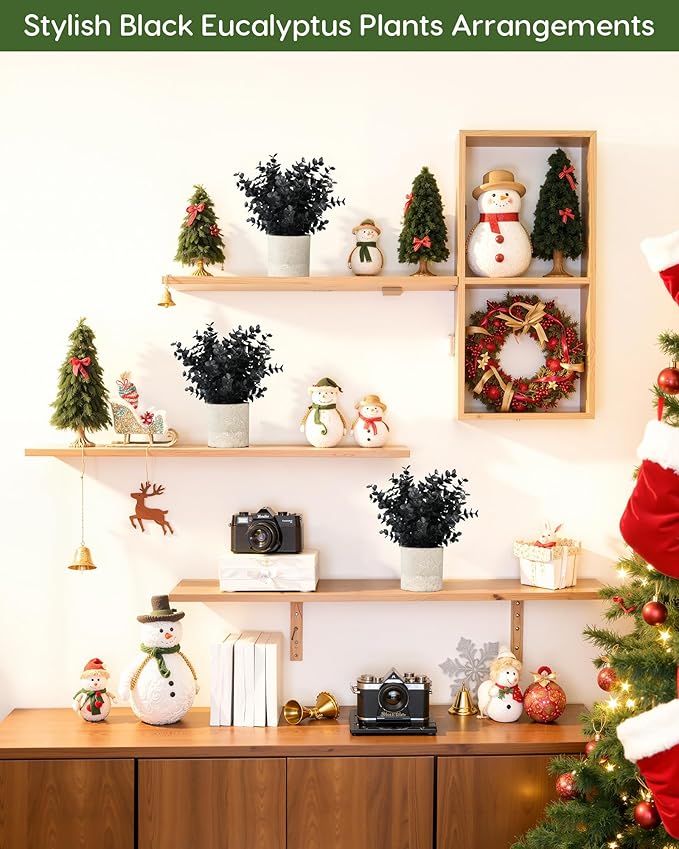 Velener 1 PCS Small Fake Eucalyptus Plant Artificial Potted Plants Indoor for Christmas Decor Indoor Realistic Faux Plant for Office, Bathroom, Living Room, Desk, Shelf, Home Decor (Black)
