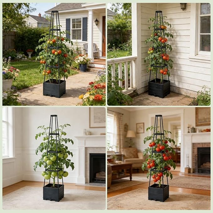 Lancisism Raised Garden Bed Tomato Planter with Trellis - 57" Self Watering Planters Box for Climbing Plants Vegetables Flowers - Garden Tomato Pots with Cage for Patio Greenhouse Indoor Outdoor