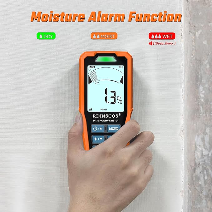 RDINSCOS Pinless Moisture Meter, 6-in-1 Moisture Detector Non-Destructive Moisture Tester for Wood,Drywall, Plaster, Concrete, Screed & Flooring with Audible Alarm & Rechargeable Battery