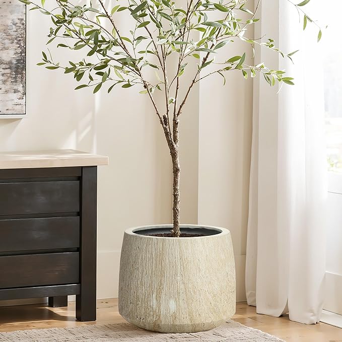 LuxenHome Round Tapered Planters, Set of 2 Outdoor Indoor Plant Pots with Drainage Hole, Decorative Lightweight Flower Pots, Rustic Wood Grain Texture Concrete Planter Pots for Home Garden Patio