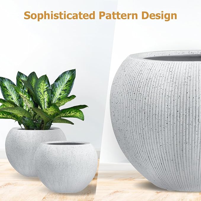 KUTE NEST 16" H x 20" D Premium Ribbed Globo Fiberstone Round Planter with Drainage Hole, Weather Resistant for Indoor and Outdoor Use, Included 2 Extra Coco Mats (Speckled White, 13.5" Pot Opening)