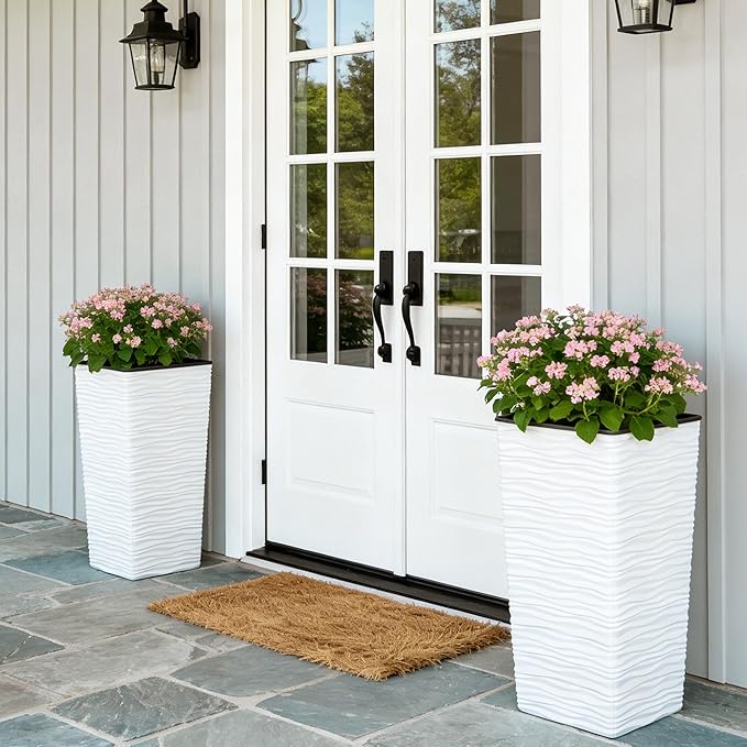 Worth 2 Pack 22" Tall Plastic Square Tapered Planter with Inside Pots for Indoor or Outdoor Use, Modern Wavy Finish for Front Porch or Deck, White