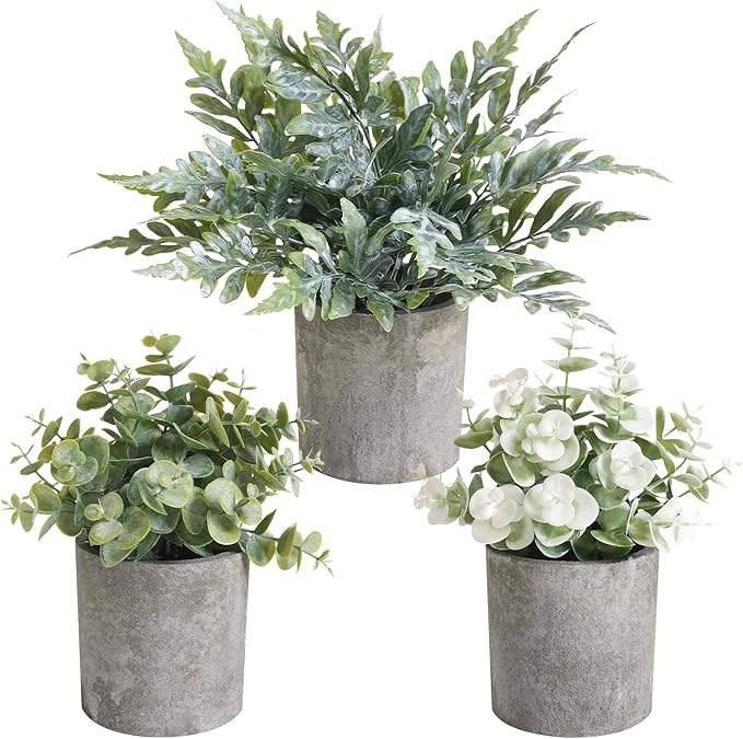 3 Pack Mini Potted Fake Plants Artificial Plastic Indoor Eucalyptus Plants for Home, Office, Desk, Bathroom, Coffee Table & Shelf (Green)