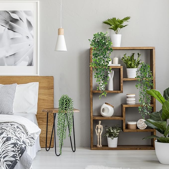 USLAI Artificial Hanging Plants Vine, Fake Potted Greenery Faux Eucalyptus, Mandala, String of Pearls, Pea Pod Leaves in Pot for Office Living Room Bathroom Indoor Outdoor Décor (4 Pack)