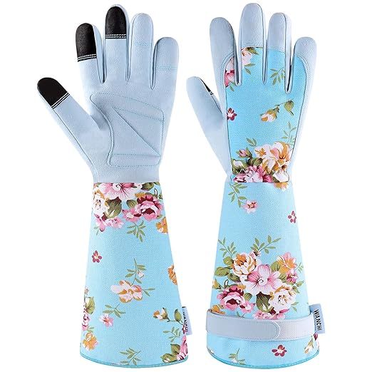 WANCHI Extended Sleeve Garden Gloves for Women, Soft Grip Gardening Gloves, Lightweight Comfort Wear for Planting, Landscaping & Outdoor Tasks, Blue Small