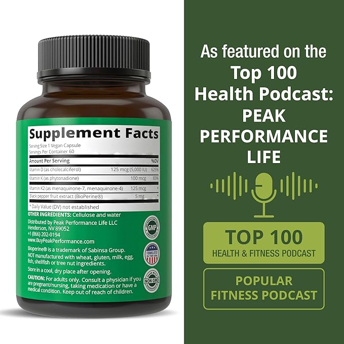 Peak Performance Advanced Vitamin D 5000 IU with All 3 Types of Vitamin K Vitamin D3 and Vitamin K2, K1, MK-7 (MK7), MK4 Supplement - 60 Small and Easy to Swallow Vegetable Pills
