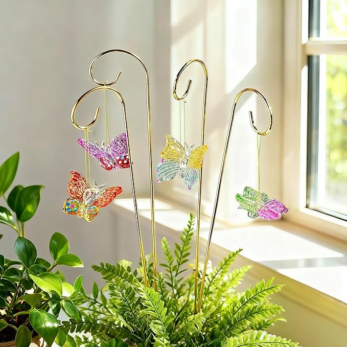HDCRYSTALGIFTS 4pcs Blown Glass Butterfly Stakes Garden Decorations, Colorful Butterfly Suncatchers with 13.5inch Small Golden Stakes for Flower Bouquet Outdoor Indoor Plant Pot Flower Bed Home Décor