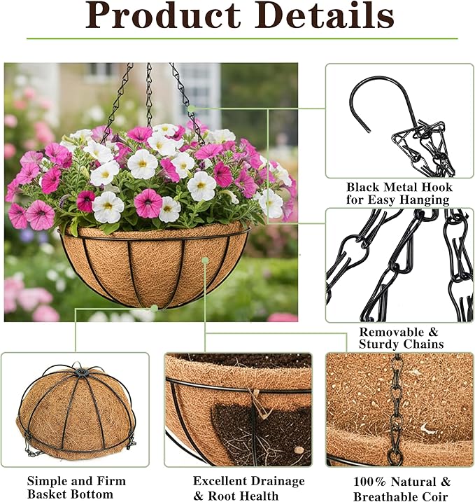 EIMQUVW Outdoor Metal Hanging Planters Basket (4pack, 16 inch) Hanging Baskets for Plants Chain Round Wire Plant Holder with Coco Fiber Liners for Garden, Patio, Deck, Porch