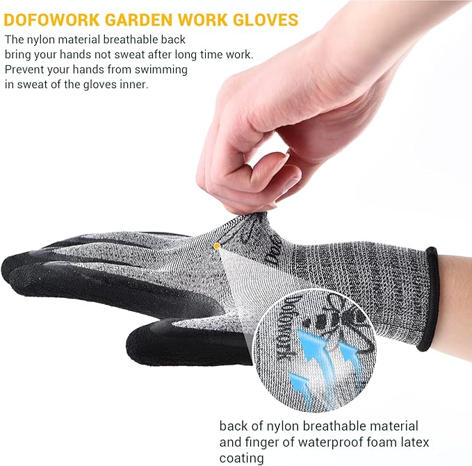 DOFOWORK Gardening Gloves - 6 Pair Gardening Gloves for Women/Men, Breathable Natural Latex Garden Gloves with Grip