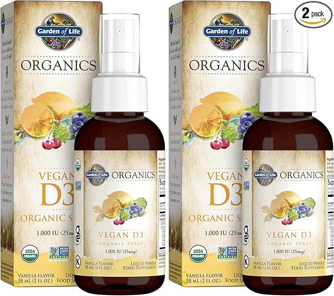 Garden of Life Organics Vegan Vitamin D3 for Women and Men,Liquid 1000 IU Per Spray,D3 Plus Omegas - Vanilla Flavor - 125 Servings - 2fl oz Liquid Whole Food Vitamin Supplement,(Pack of 2)