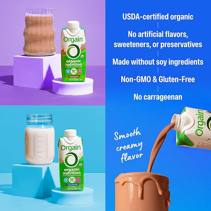 Orgain Organic Nutritional Protein Shake, 16g Grass Fed Whey Protein, Meal Replacement, 20 Vitamins & Minerals, Fruits & Vegetables Variety Pack, Chocolate, Vanilla, Mocha, 11 Fl Oz (12 Pack)