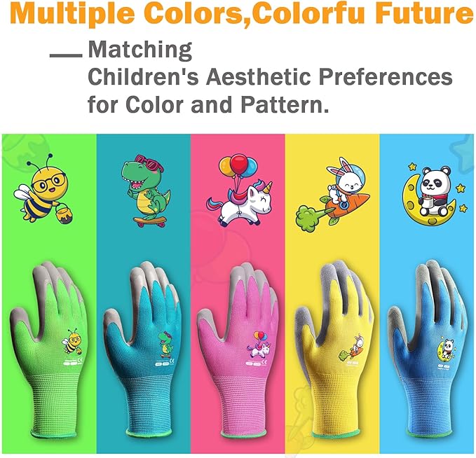 KDK 5 Pairs Kids Gardening Gloves Yard Work Gloves Children Soft Safety Rubber Coated Glove for Toddlers Youth Girls Boys Children (9-12yr L)
