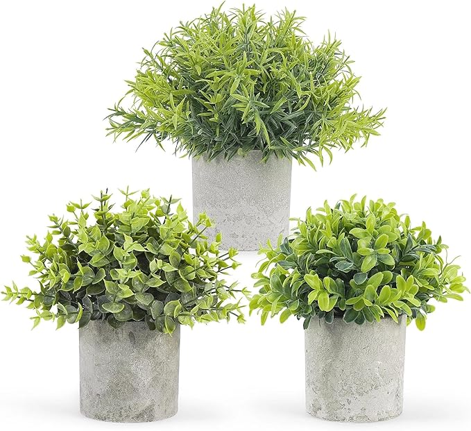 Lemonfilter Small Fake Plants, 3PCS Mini Potted Artificial Plastic Eucalyptus Plants Indoor Modern Farmhouse Decor, Fake Potted Plant for Home Bathroom Bedroom Office Shelves Decor