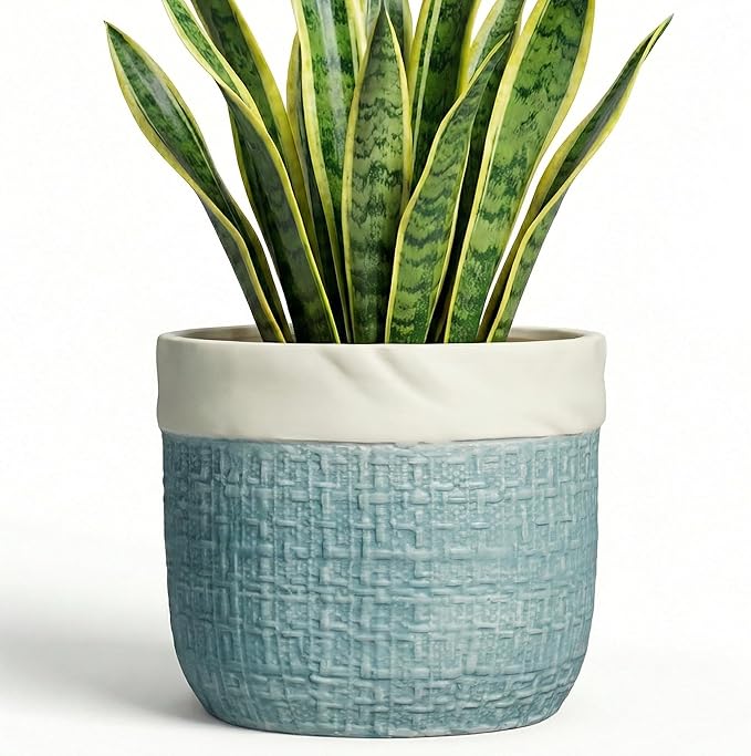Ceramic Planter - 8 Inch Plant Pot for Indoor Outdoor Plants, Boho Planters with Drainage Hole and Plug, Round Decorative Flower Pots, Garden Home Office Decor, Plant Lover Gifts, Blue