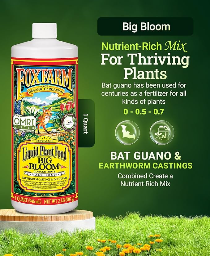 Fox Farm Big Bloom Liquid Plant Food - Organic Bloom Fertilizer for Flowering & Fruiting Plants, Contains Earthworm Castings & Bat Guano - Supports All Stages of Plant Growth - 0-0.5-0.7 NPK, 1 Quart