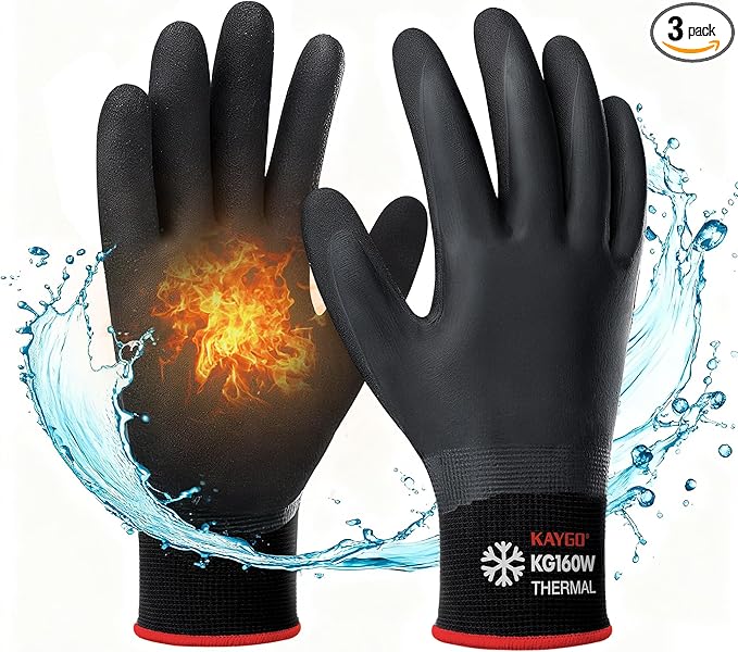 KAYGO Winter Waterproof Work Gloves for Men and Women, 3 Pairs Thermal Insulated Freezer Rubber Coated Gloves,Super Grip,KG160 (S, Black)
