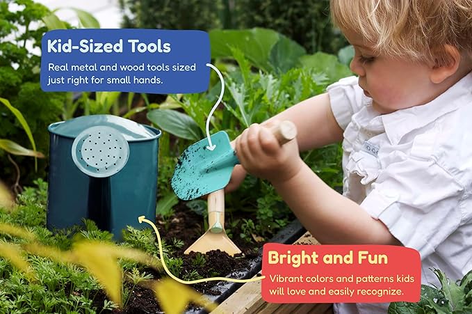 Kinderific Gardening Set, Tool Kit, for Kids, STEM, Includes Tote Bag, Spade, Watering Can, Rake, Fork, Trowel and Gloves (Ocean Blue)