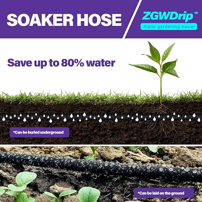 100FT 1/2" Water-Saving Soaker Hose with Solid Brass Connectors, Drip Irrigation Kit for Lawn & Landscaping with Metal Ground Stake & Accessory Kit