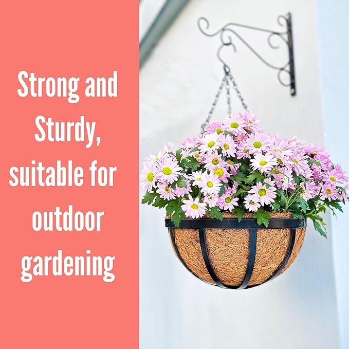 LaLaGreen Outdoor Hanging Baskets for Plants (12 Inch, 2 Pack) Medium Black Hanging Planters with Coco Liner, Metal Flat Iron Flower Pots for Deck Patio Porch Modern Garden Balcony Outside Decoration