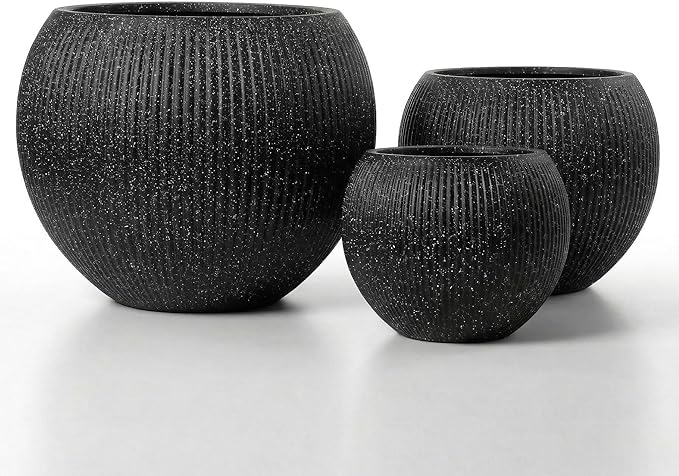 DTY Mt Sherman 16.1'' D x 13.6'' H (Pot Opening 11.8") Fiberstone Round Planter with Drainage Hole, Smooth Finishes, Weather Resistant for Indoor and Outdoor, 2 Extra Coco Mats - Ribbed Black, Medium