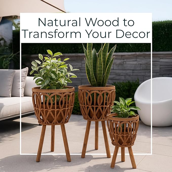Handcrafted Bamboo Planters with Wooden Legs as Home Decor - Timeless Flower Pots for Entryway and Garden - Patterned Plant Pots for Outdoor and Indoor Plants - Set of 3, 26", 23", 20", Brown