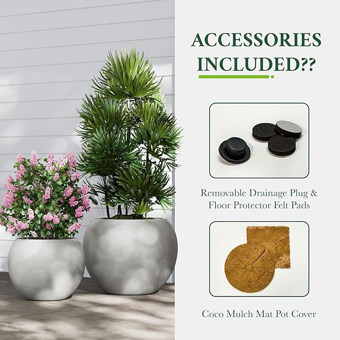 DTY Mount Sherman 12.6" D x 10'' H (Pot Opening 8.5") Fiberstone Round Planter with Drainage Hole, Smooth Finishes, Weather Resistant for Indoor and Outdoor, 2 Extra Coco Mats - Gray, Small