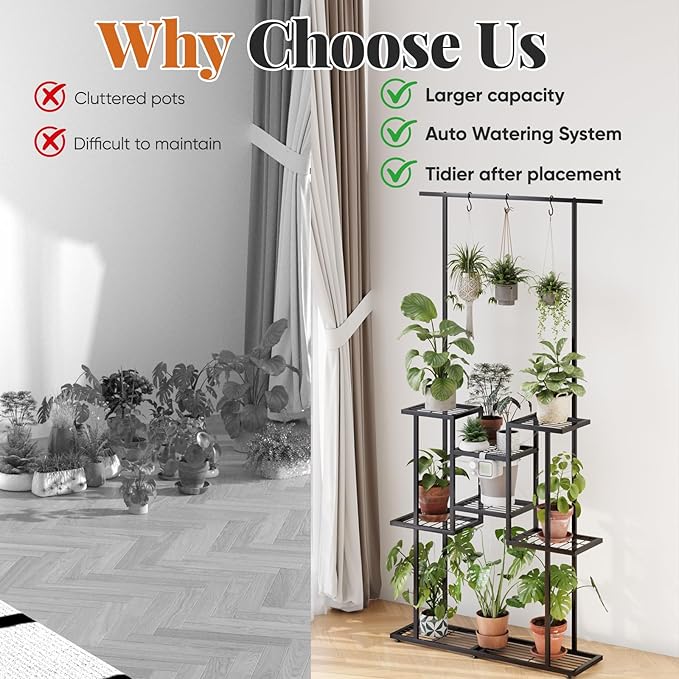 4 Tier Plant Stand with Automatic Drip Watering System, Indoor Outdoor Metal Plant Shelf with Hanging Rod, Holds 12 Pots, Space Saving Plant Display & Organizer