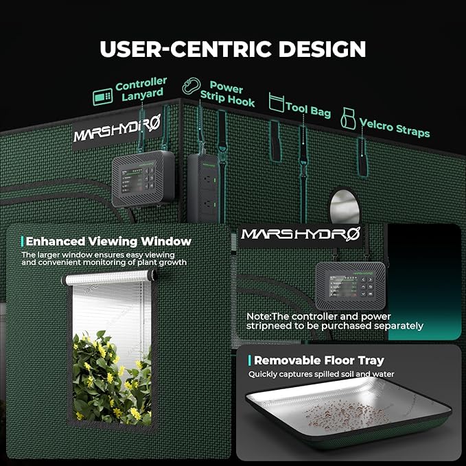 MARS HYDRO 2x2x5 Grow Tent Pro, 24"x24"x63" 2000D Thickened Polyester Canvas & High Reflective Mylar, Larger Observation Window, Controller & Socket Hanger,for TS600/FC1500/TS1000 Indoor Plant Growing
