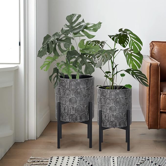 Oakrain Planters for Indoor Plants, Set of 2 Modern Planter with Stand, Decorative Metal Planter Pots for Living Room, Office, Garden, Balcony, 8"&10", Rustic Gray