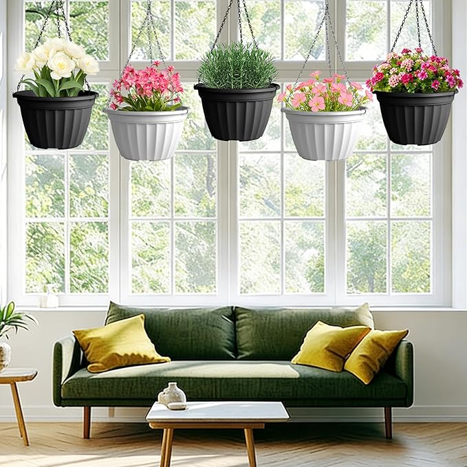 FGstyle Hanging Planters 10 Inch, 6 Pcs Self Watering Pots for Indoor Plants, Plastic Hanging Basket with Soil Elevator and 20" Chain for Home Garden Porch Balcony Patio Decor (Black & White)