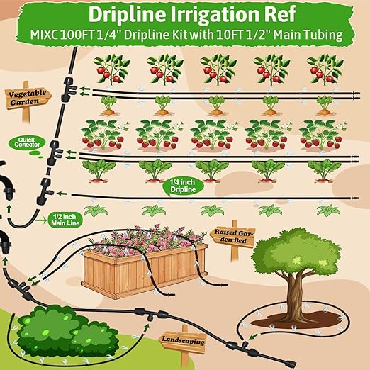MIXC 1/4" Irrigation Dripline Tubing (100 Ft Roll) with 10Ft 1/2" Main Line, Saving 80% Water, 6" Emitter Spacing, 0.5 GPH Emitters Built-in Drip Irrigation Line with 1/4" Push-to-Connect Fittings