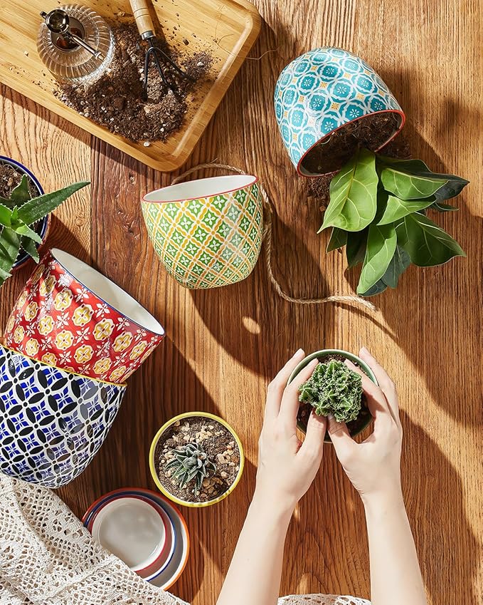 Metahom Succulent Ceramic Pots, 3.8 Inch Small Plant Pots with Drainage Hole & Saucer, Flower Planter Pot for Houseplants, Cacti, Home Decor, Set of 4, Vibrant Colors