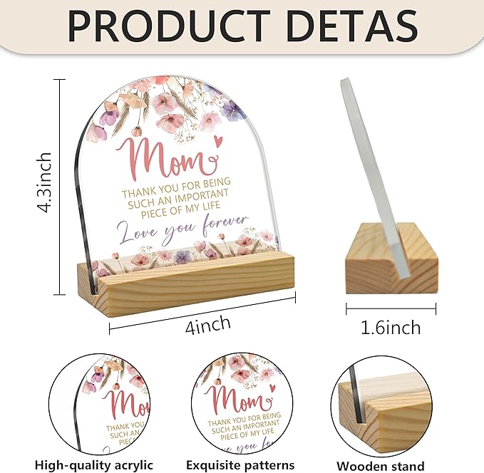 Gifts for Mom Floral Arched Acrylic Sign with Wooden Stand – Heartfelt Gifts for Mom from Daughter & Son, Unique Birthday, Mother’s Day, Christmas & Retirement Keepsake, Desk & Home Decor