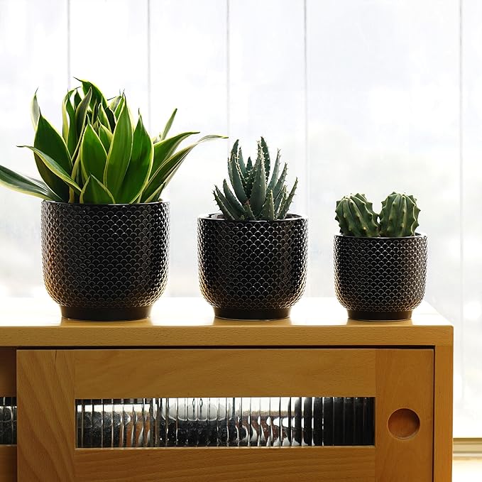 4 + 5 + 6 Inch Ceramic Pots for Indoor Plants, Succulents Plant Pots, Orchid Flower Pot with Drainage Hole, Modern Clay Stoneware Planters, Set of 3 (Black, 4+5+6 Inch)