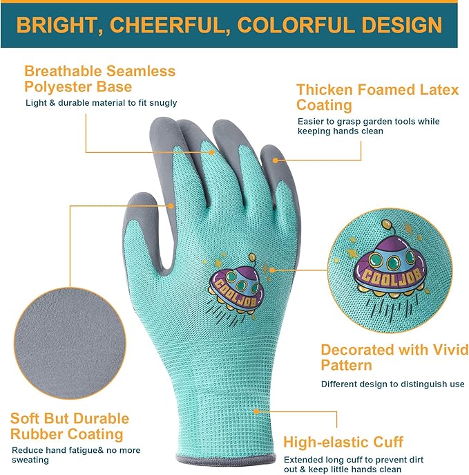 COOLJOB 3 Pairs Kids Gardening Gloves for Age 6-8, Children Grippy Rubber Coated Garden Work Gloves, Orange & Green & Yellow, Medium Size (3 Pairs M)