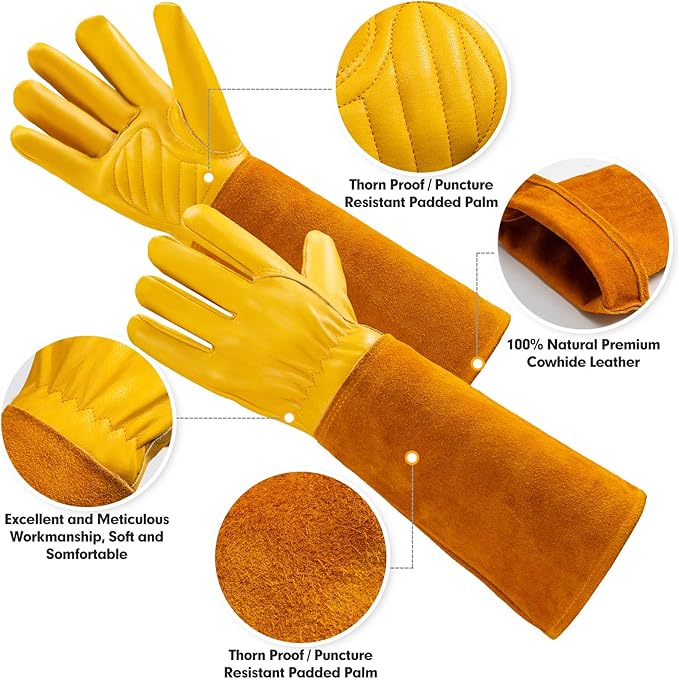 Thorn Proof Gardening Gloves for Men & Women, Long Cowhide Leather Rose Pruning Gloves with Forearm Protection, Puncture Resistant Gauntlets for Cacti, Blackberries & Yard Work(Butter Yellow,Small)