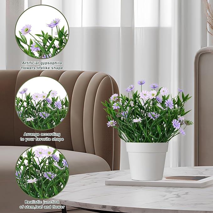 Fake Plants Daisy for Bathroom Decor, Small Potted Artificial Plants Indoor for Shelf Desk Home Bathroom Farmhouse Room Coffee Table Decor, Purple (Pack of 2)