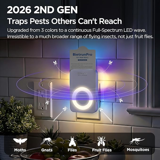 Flying Insect Traps+5 Refill Cartridges, 2026 2nd Gen, UV/Blue/Yellow Light Plug in Fly Trap & Indoor Bug Catcher for Gnats, No-Mess Bug Zapper, House & Fruit Flies, 7 * 24hrs Pest Control