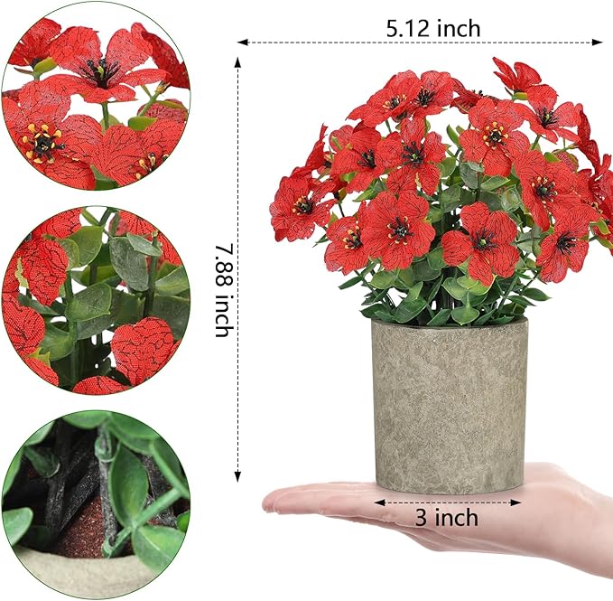 FAVOWREATH 2 Pack Small Fake Plants Potted Artificial Plants Artificial Flowers Potted Faux Flower Daisy with Eucalyptus Leaves for Home Decor Office Room Farmhouse Indoor Table Bathroom Decor（Red）