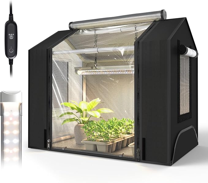 Bstrip Indoor Greenhouse with Grow Light, GM3 Mini Grow Tent with Oxford Fabric, Waterproof Base Mat&Ventilation Window for Seed Starting&Plant Growth, 18W Grow Light with Timer, 23.8"x15.7"x20.5"