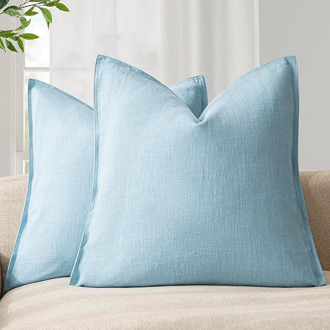 Foindtower Pack of 2, Decorative Linen Soild Throw Pillow Covers Soft Accent Euro Cushion Case Farmhouse Neutral Pillowcase for Chair Couch Sofa Bedroom Living Room Home Decor 18 x 18 Inch Light Blue