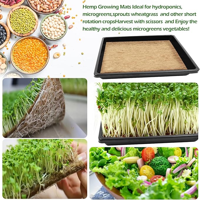 9Set Microgreens Growing Mat with Tray, Microgreen Growing Kit 10″×10″ Wheatgrass Seed Sprouting Starter Mat Hemp Fiber Grow Tray Hydroponic Jute Pads Indoor Organic Production for Germination Sprouts
