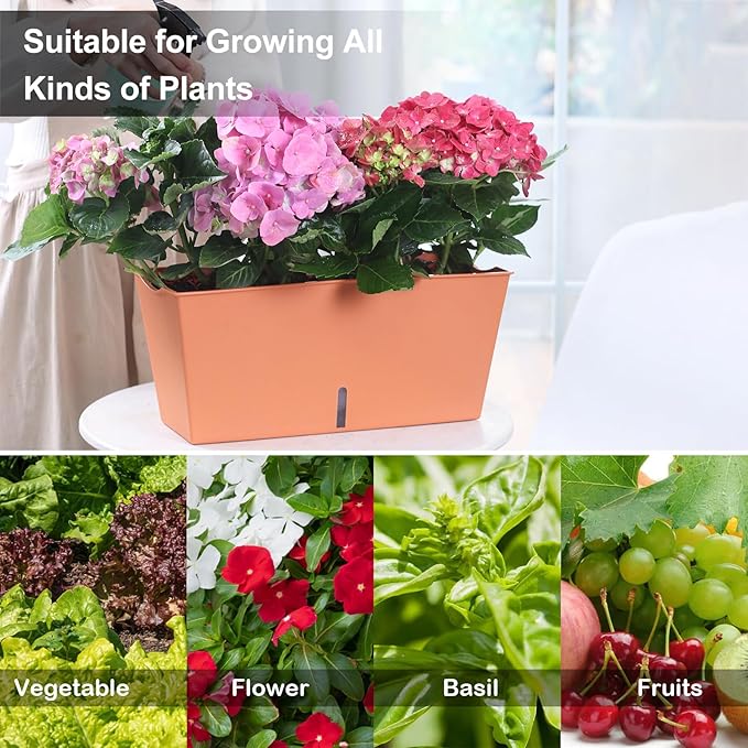 Oliz Window Box Planter 6 Pcs, 12.6 Inches Self Watering Rectangle Flower Plant Pots with Drainage Holes & Breathable Trays, Vegetable Planters for Windowsill Patio Garden Balcony Porch Yard (Orange)