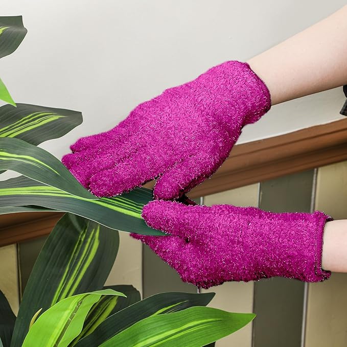 Patelai 3 Pairs Microfiber Plant Dusting Gloves Leaf Cleaning Gloves for Indoor Plants, Blinds, Furniture, House (Purple,Blue,Rose Red,Medium)