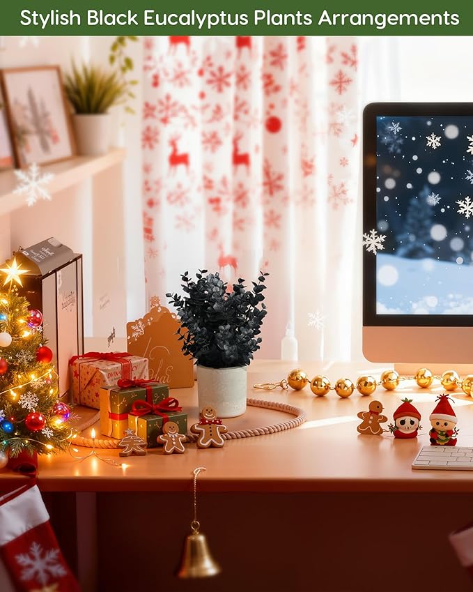Velener 2 PCS Small Fake Eucalyptus Plant Artificial Potted Plants Indoor for Christmas Decor Indoor Realistic Faux Plant for Office, Bathroom, Living Room, Desk, Shelf, Home Decor (Black)