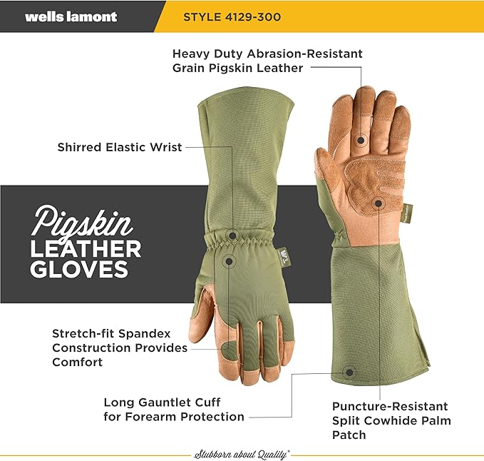Wells Lamont Rosetender Gardening Gloves for Women – Thorn Proof Garden Gloves, Grain Leather Long Gloves for Pruning & Yard Work, 4129-300, Large