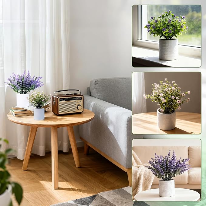FGSAEOR Mini Potted Fake Plants, Small Artificial Greenery Plants Topiaries, Low Maintenance, Shelf Desk Room Table Office Home Decor (3-Pack) (White Pot - Purple Pink)