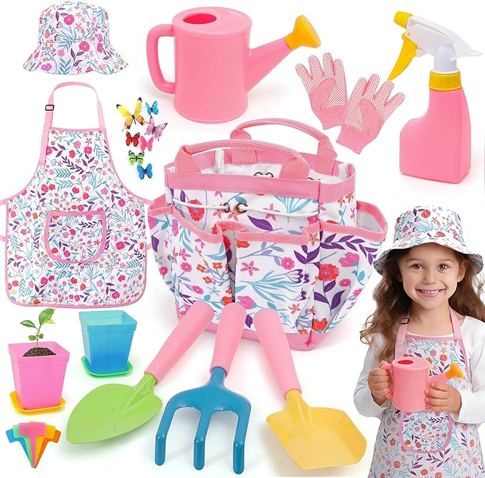 Kids Gardening Tool Set Kids Gardening Tools Shovel Rake Fork Trowel Apron Gloves Watering Can and Tote Bag Toddler Gardening Tools for Kids Best Outdoor Toys Gift for Boys and Girls