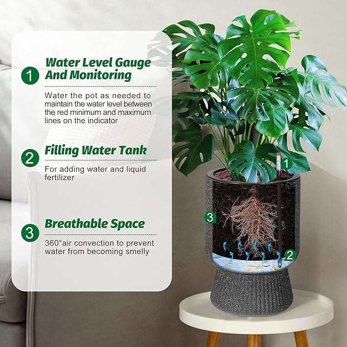 IDEALHOUSE Self Watering Planters Set of 2, 14.2 Inch Tall Outdoor/Indoor Flower Pots with Water Level Indicator, Large Modern Planter with Hidden Reservoir for Patio, Porch, Balcony,Black