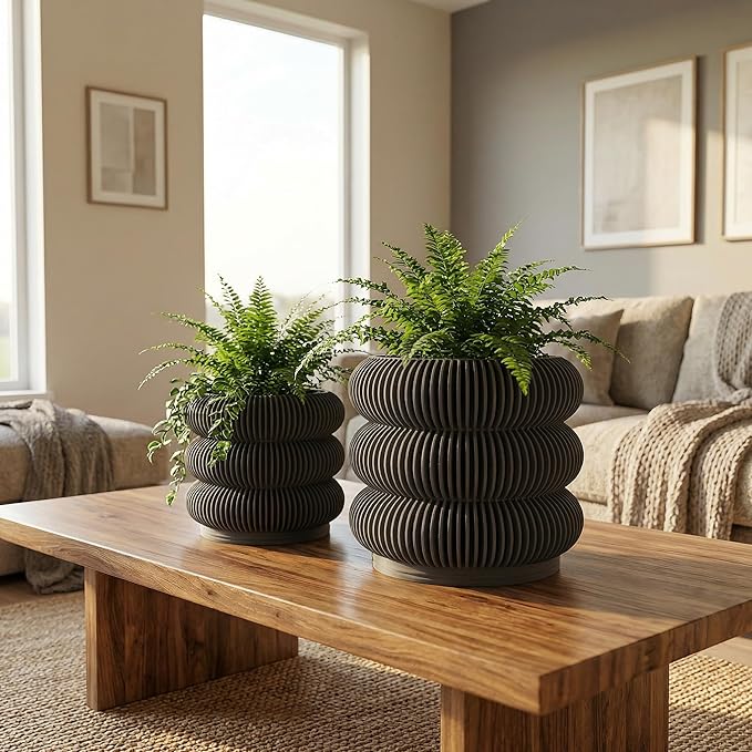 Fabix 4.7/6" 3D Printed Plant Pots - Unique Bubble Ring Modern Planters for Indoor Plants, Durableo-Friendly PLA Flower Pots with Drainage for Succulents, Cactus, Home Office Décor.(Black)